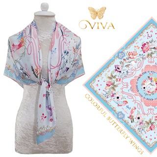 ผ้าพันคอ รุ่น Birds of Garden Scarf เนื้อผ้า Silk Satin Premium Color : Blue Pastel