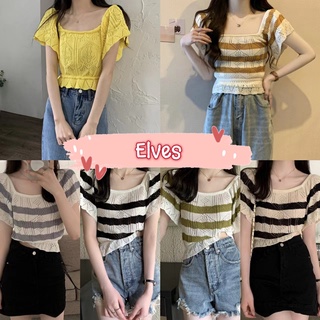 Elves✨พร้อมส่ง✨ เสื้อถักไหมพรมแขนสั้น ดีเทลแขนระบายใส่ได้2แบบน่ารัก ~6Y003~