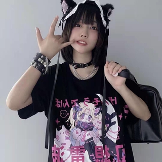 เสื้อยืดลําลองสําหรับสตรีแขนสั้นพิมพ์ลาย Anime ทรงหลวม