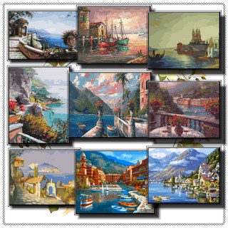 40*50cm DIY ภาพวาดสีน้ำมัน ภาพระบายสีตามตัวเลข Paint By Numbers on Canvas  towns along coast C