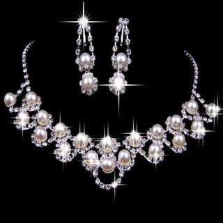 sunnyheart Wedding Bridal Party เก๋ไก๋ Rhinestone สร้อยคอต่างหูเพิร์ลสร้อยคอเพิร์ล