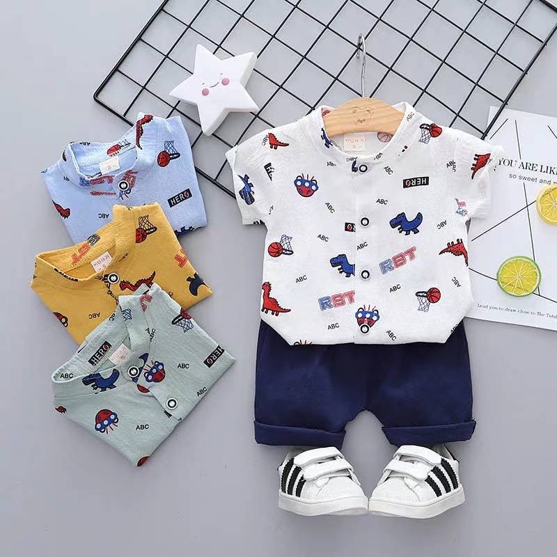 Baby boys clothes Set combinationเสื้อผ้าเด็กชายตัวเล็ก ๆชุดเย็นเสื้อเชิ้ตกางเกงผ้าที่ดีไดโนเสาร์（1-4yrs）