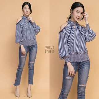 New!! Open Shoulder Striped Blouse : เสื้อคอปีนลายทาง แต่งเว้าไหล่