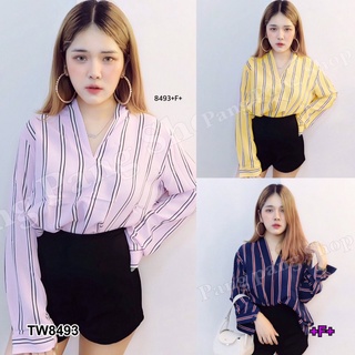 👗Pfashion [ส่งไว!!🚛] P8493  	Set ริ้วแขนยาว + กางเกงขาสั้น   Set of long sleeves + shorts