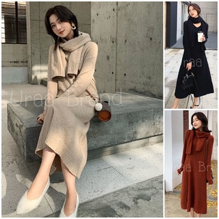 4 สี / (พร้อมส่ง) เดรสไหมพรม พร้อม ผ้าพันคอ รุ่น เดรสยาว Sweater Long Dress - D14