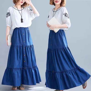 กระโปรงยีนสกระโปรงยีนส์ยาว(freesize เอว24-32 / สะโพก 32-42 / ยาว36 / size S ถึง size XL ใส่ได 9015#