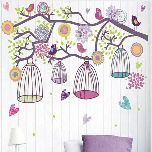 สติ๊กเกอร์ติดผนัง สติ๊กเกอร์ติดผนัง 60x90 สาขากรงนกหลากสี AY993