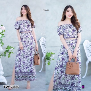 TW17006 set 2 ชิ้น เสื้อครอปเอวจั้ม แขนตุ๊กตา ลายดอกไม้ มีโบว์ผูกด้านหน้า + กระโปรงผ่าข้าง มีซัปใน งานผ้าไหมอิตาลี