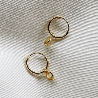 10mm Yellow CZ Dangle Hoops, 18K Gold Plated Sterling Silver Earrings E0084 | เงินแท้ 925 ชุบทองเเท้ 18 กะรัต