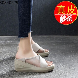 Sloping shoes leather net gauze fashion thick bottom slope new sandals