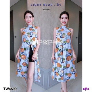 TW4599 Set 2 ชิ้น เสื้อตัวยาว คอปีน แขนกุดผ่าหน้า ผ้าพิมพ์ลายริ้วสับปะรด ผ้าคอตตอน มาพร้อมกางเกงขาสั้นผ้าโฟร์เวย์สีพื้น