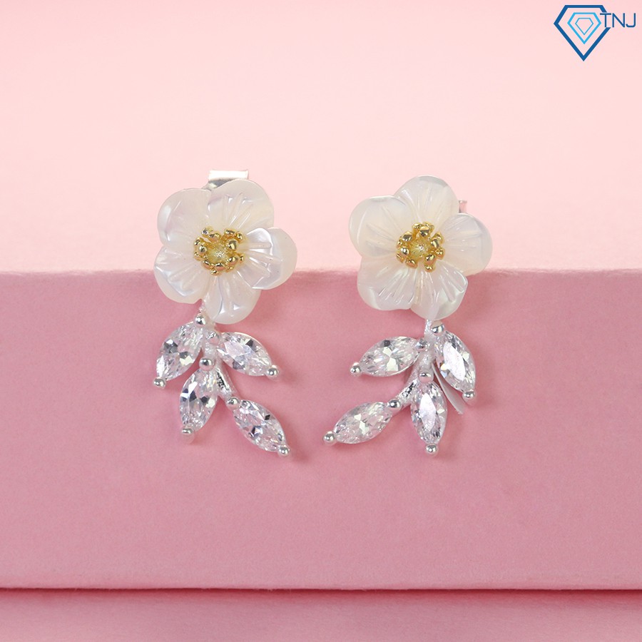 ต่างหูผู้หญิงสีเงินสวยเหมือนดอกไม้แอปริคอทหิน BTN0116 TNJ Jewelry