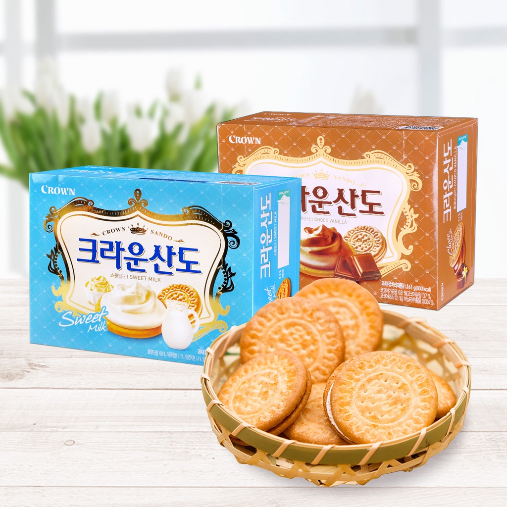 crown sando บิสกิตสอดไส้ รสนม,ช็อคโกแลต, สตอเบอรี่ครีมชีส sweet milk, choco, strawberry cream cheese 161g 크라운산도g