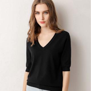 เสื้อยืดสตรีคอวีแขนยาวครึ่งไม่รัดรูป