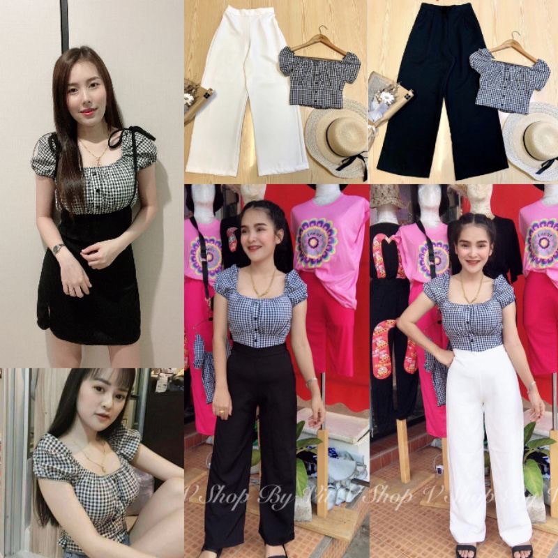 MesubShop ชุดเซ็ต Set2ชิ้น เสื้อ+กางเกง ผ้าบาร์บี้ งานตามหา ครอปลายสก๊อต+กางเกงเอวยางหลัง ดอลลี่ Match