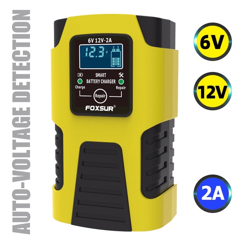 เครื่องชาร์จแบตเตอรี่ และฟื้นฟู FOXSUR รุ่นใหม่ล่าสุดปี2021 FBC061202D 6V12V max 2A สามารถชาร์จแบตมอเตอร์ไซร์/แบตรถยนต์