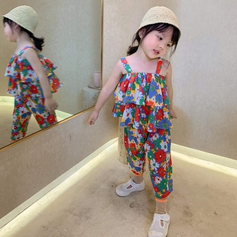 ชุดเซ็ท เสื้อผ้าเข้าชุด ชุดแฟชั่นเกาหลีเด็กผู้หญิง เสื้อผ้าเด็กผญ. เข้าชุด  ลายดอกน่ารักๆสดใสๆ เสื้อสายเดี่ยว+กางเกง | Shopee Thailand