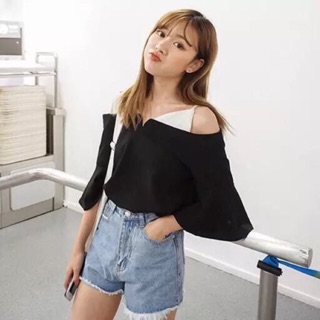 สีขาว/ดำ2tone Korean off-shoulder fringe