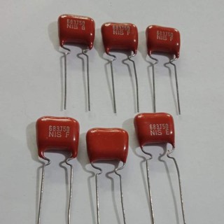 0.068UF 50V 683J 683PF 68NF ไมล่า คาปาซิเตอร์ ญี่ปุ่นสีแดง NISSEIขาห่าง8มิล แท้-ใหม่แพ็ค10ตัว