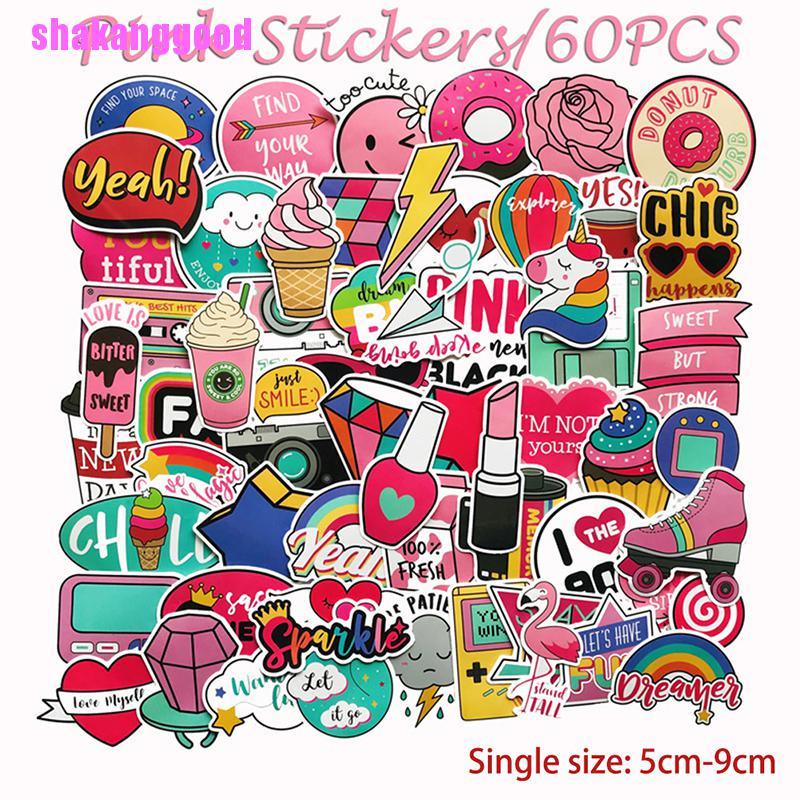 Skth 60 ชิ้น / แพ็ค PVC กันน้ํา สีชมพู เด็กผู้หญิง สนุก สติกเกอร์ ของเล่น สติกเกอร์กระเป๋าเดินทาง