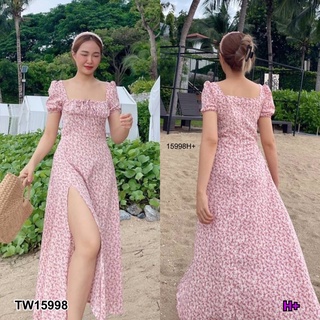 TW15998 แมกซี่เดรสกระโปรงผ่าหน้า ช่วงเสื้อรูดอกได้ซิปหลัง แขนยางยืด ตุ๊กตา เนื้อผ้า ไหมเกาหลี ลายดอกไม้