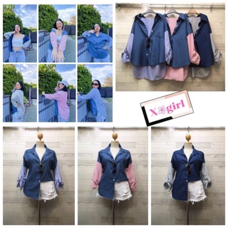 Shirt​ เสื้อเชิ้ตผ้ายีนส์​ ตัดต่อลายริ้ว แต่งกระเป๋าข้างเดียว พร้อมอินธนูปลายแขน หน้าสั้น หลังยาว