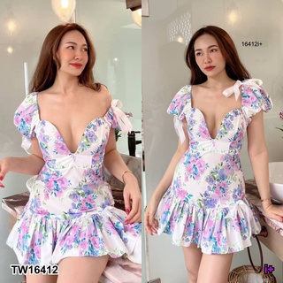 16412 Dress เดรสสั้น แหวกอกลึก ทรงตั้ง ติดริบบิ้น Short dress, deep bust, fitted cut with ribbon.