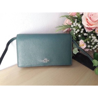 F30256 COACH FOLDOVER CROSSBODY CLUTCH   สีเขียว Dark Turqouise  ขนาด 8" (L) x 4.75" (H) x 1.5" (W)