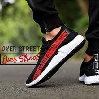 Sneakers รองเท้าผ้าใบผู้ชาย สีดำแถบแดง (black red) ทรงสปอร์ต หุ้มข้อ ยอดนิยม OVER STREET สวมใส่ง่ายสบาย