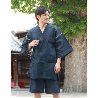 【Kyoto Kimono Kyokomati】Jinbei ชุดลำลองผ้าฝ้ายลายทาง สีน้ำเงิน แฟชั่นฤดูร้อนสำหรับผู้ชาย