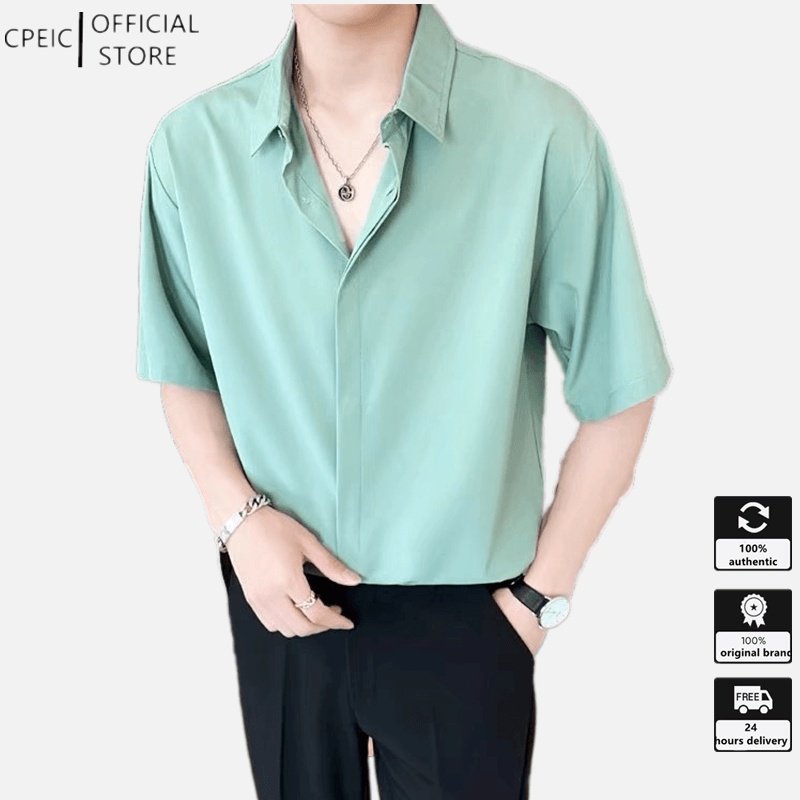 Cpeic 【M-2XL】เสื้อเชิ้ตแขนสั้นลําลอง ทรงหลวม ระบายอากาศ พลัสไซซ์ แฟชั่นฤดูร้อน สไตล์เกาหลี สําหรับผู้ชาย