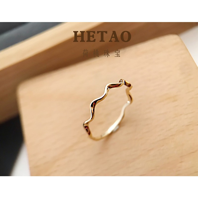 Super Special Korean Wave Curved Line Plain Gold แหวนทองคำบริสุทธิ์ 14K สีทองวงแหวนเคลือบลามิเนตบางแบบญี่ปุ่น