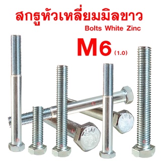 สกรูมิลขาวหัวเหลี่ยม M6 (1.0) ประแจเบอร์10 (ขนาด6มิล เกลียว1.0 ประแจเบอร์10)