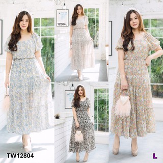 J12804 Maxi Dress เดรสยาว #สาวอวบ แขนตุ๊กตา ผ้าชีฟอง ลายดอก