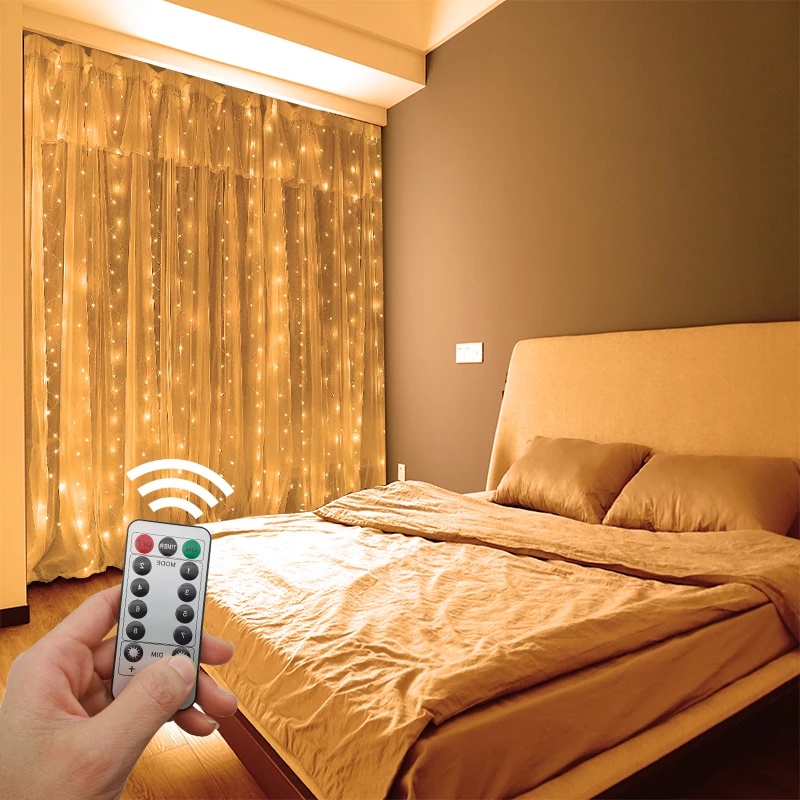 1M 2M 3M Window Curtain String Light / 300 LED 8 Lighting Modes Copper Wire Fairy Lights / Room Curt