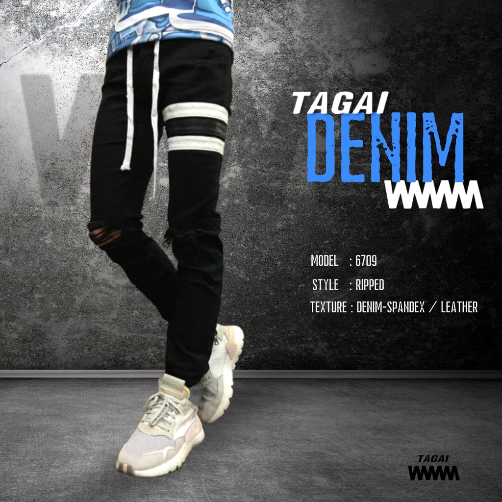 กางเกงยีนส์สไตล์ Hold'em denim สีดำคาดหนังขาวดำปลายขามีซิป กางเกงยีนส์แฟชั่นแนวสตรีท รุ่น 6709