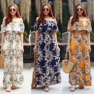 Maxi dress ผ้าสปันเนื้อดี  ปริ้นลายดอกแต่งเชิงชาย ลายสวยหรูโดดเด่น