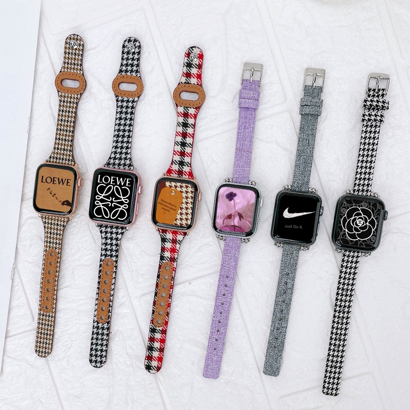 เหมาะสําหรับ Apple Watch SE Strap Houndstooth Applewatch 6th Generation iwatch7 Creative 5 ผ้าใบหนัง