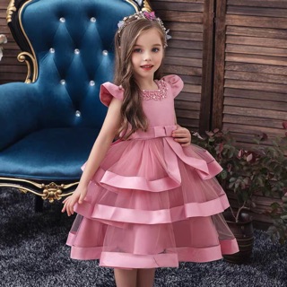 ชุดราตรีเด็ก คอประดับลูกปัด โบว์หน้าby cutelook มีหลายสี