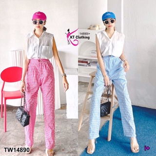 TW14890 Set 2 ชิ้น เสื้อเชิ้ตแขนกุด กระเป๋าหน้า + กางเกงขายาว กระดุมหน้าซิปหน้า เอวสม็อกหลัง กระเป๋าข้าง ผ้าฝ้ายลายสก็อต