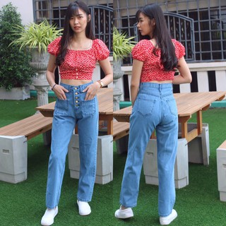 Cc jeans 128 S-3XL กางเกงยีนส์ผู้หญิง เอวสูง ทรงกระบอก กระดุม แต่งกระเป๋าหน้า กางเกงผู้หญิง