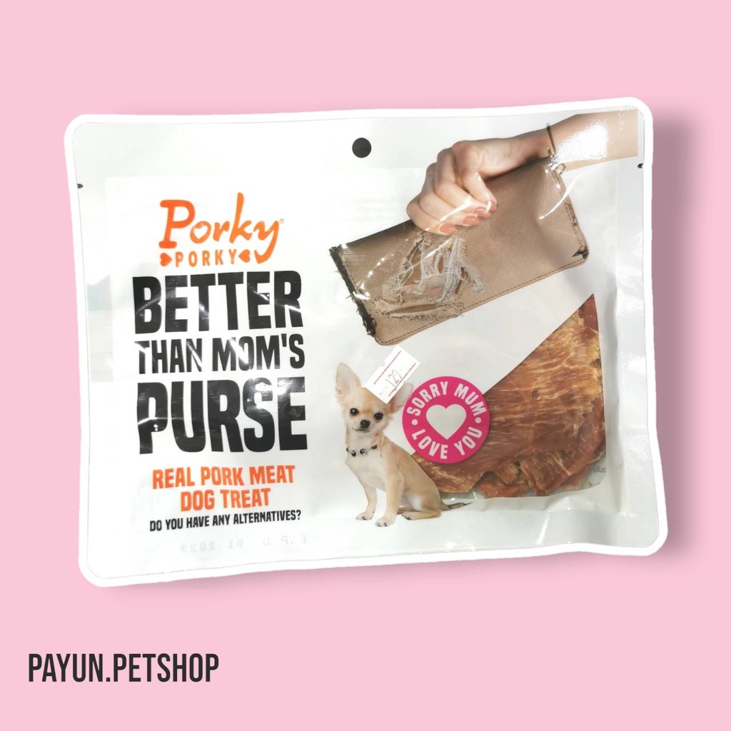Porky​ porky Better than​ mom's purse  PORK DOG สันนอกหมูอบแห้ง​ 60​​กรัม ขนมสุนัข สำหรับสุนัขแพ้ไก่