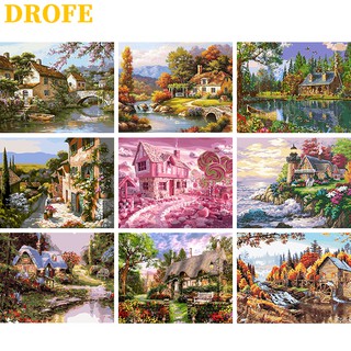 ราคาDROFE ภาพระบายสีตามตัวเลข รูปบ้านในชนบท สำหรับตกแต่งบ้าน ของขวัญ DIY ขนาด 50X40 ซม.