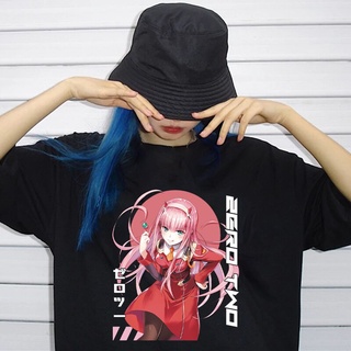 คอลูกเรือเสื้อยืด พิมพ์ลายการ์ตูนอนิเมะ Darling In The Franxx Zero Two สีดํา สีขาว สไตล์สตรีทS-5XL