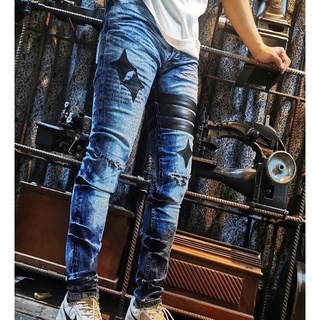 กางเกงยีนส์ฟอกคาดแถบหนังดำ Holdem Denim style