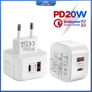 Collen อะแดปเตอร์ชาร์จเร็ว 2 พอร์ต QC3.0 Type C PD 20W USB-C ปลั๊ก UK EU US สําหรับเดินทาง