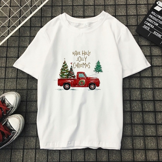 เสื้อยืดผ้าฝ้าย เสื้อยืดคริสต์มาสThe Car Carrying The Christmas Tree Men and Women T-shirt Short-sleeved Crew Neck T-shi