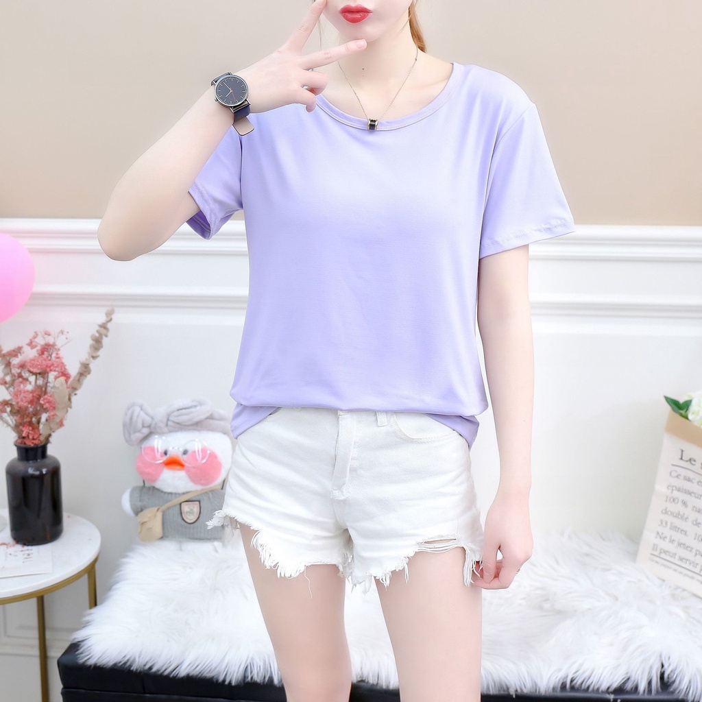Random Color READY STOCK Women T shirt Short sleeved Crew neck Solid color T-shirt #8