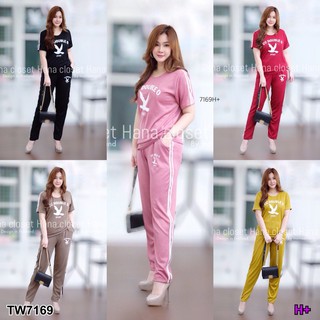 (7169) Set 2 ชิ้น เสื้อคอกลมแต่งแถบแขน 2 ข้าง สกรีน  cc-oo