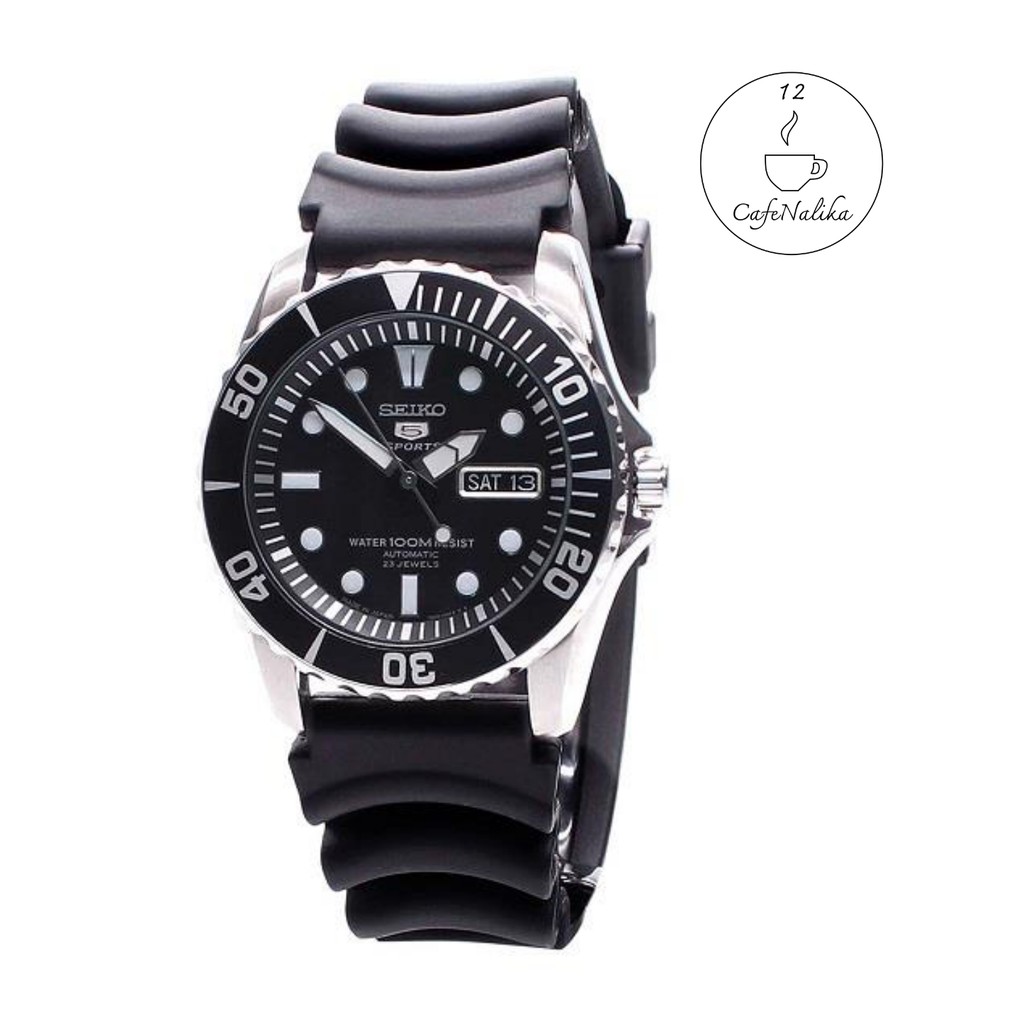 นาฬิกา ไซโก้ ผู้ชาย Seiko 5 รุ่น SNZF17J2 (Made in Japan) Sports Automatic Men's Watch สายยาง สี ดำ เเท้ 100% CafeNalika